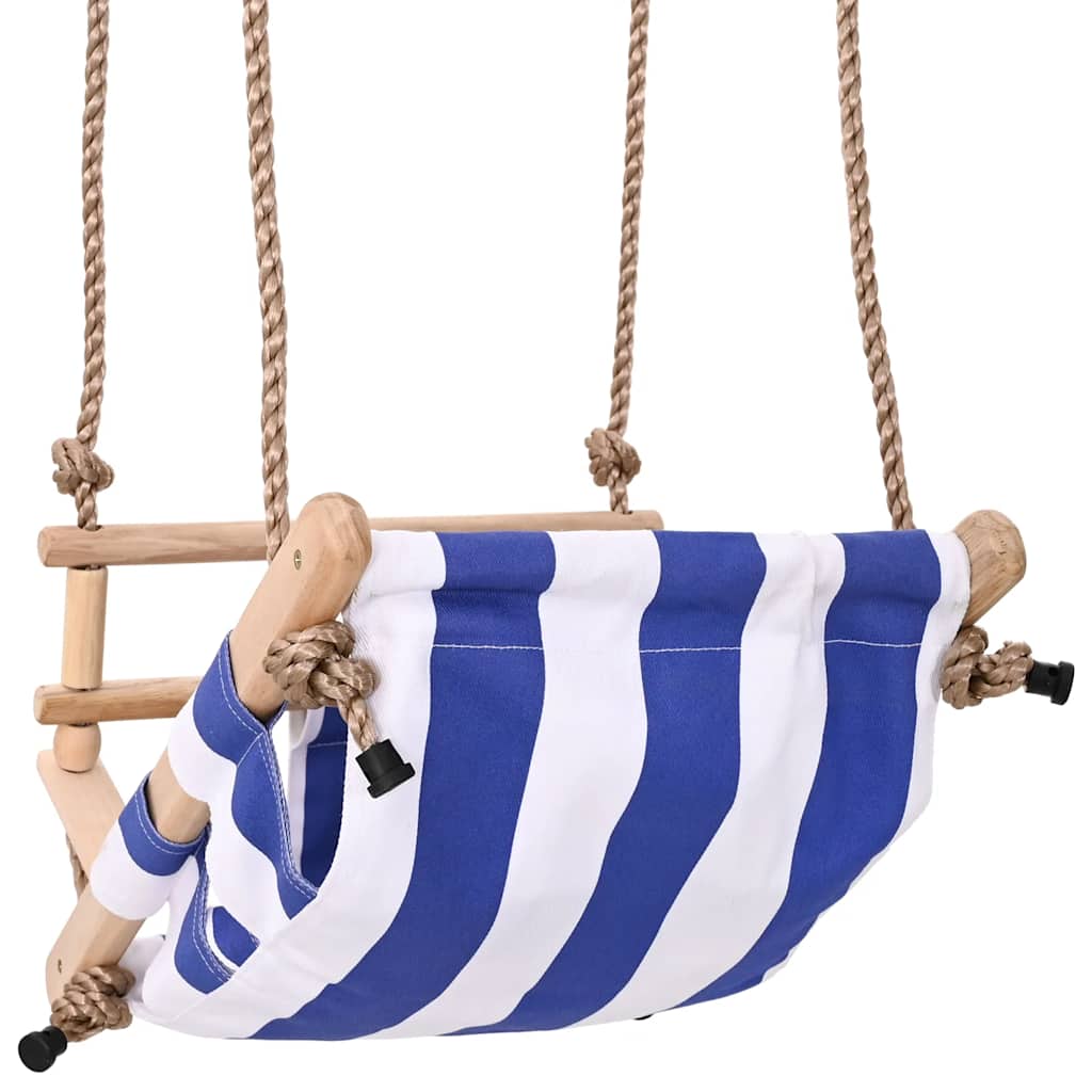 Baby Indoor Swing – Blue Cotton Seat with Safety Belt – Wooden Frame
